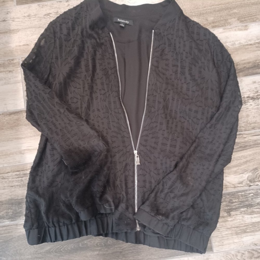 Relativity Sheer sleeves Textured Zip Up Jacket elastic cuffs & bottom Large